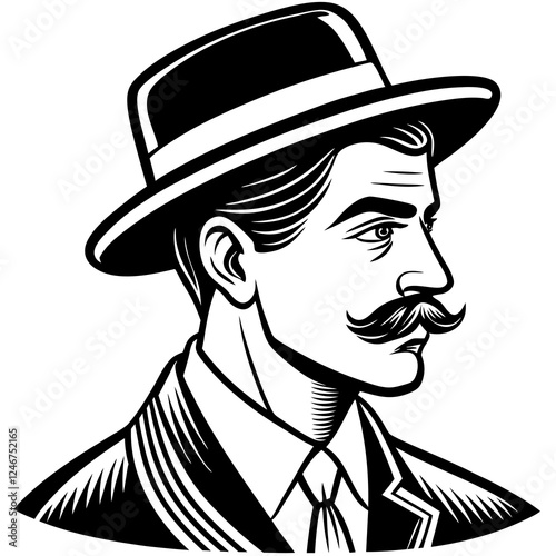 Vintage Illustration of a Dapper Gentleman in Fedora Hat with Handlebar Mustache