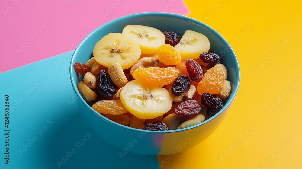 Dried fruits and nut mix bowl banana slices apricots raisins prunes isolated on a colorful background Dried fruits and nut mix bowl banana slices apricots raisins prunes isolated on a colorful background