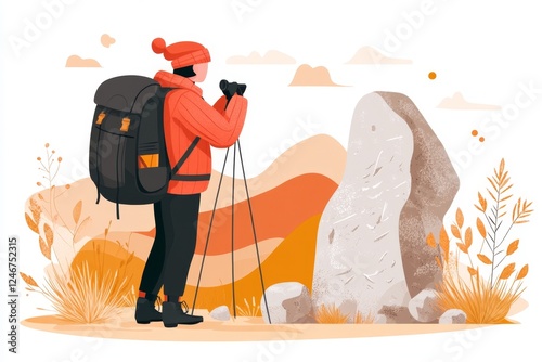 A flat vector illustration of an archaeologist discovering an ancient statue in the desert