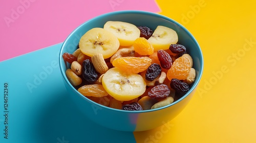 Dried fruits and nut mix bowl banana slices apricots raisins prunes isolated on a colorful background