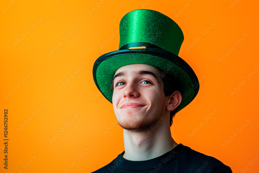 st. patrick's day. smile. a young man with Leprechaun hat. orange to green gradient background