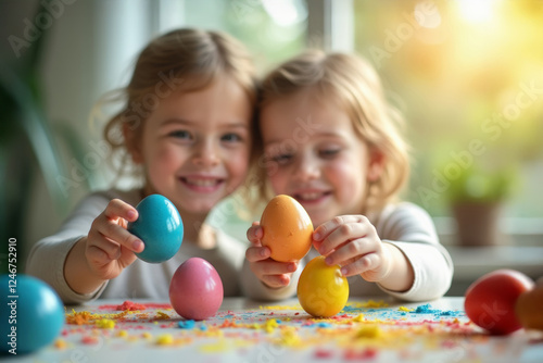 Two Young Girls Joyfully Decorating Easter Eggs at Home During a Sunny Spring Afternoon