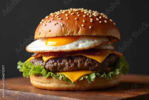 A big cheeseburger with lettuce tomato and onion on a black plate against a black background photo