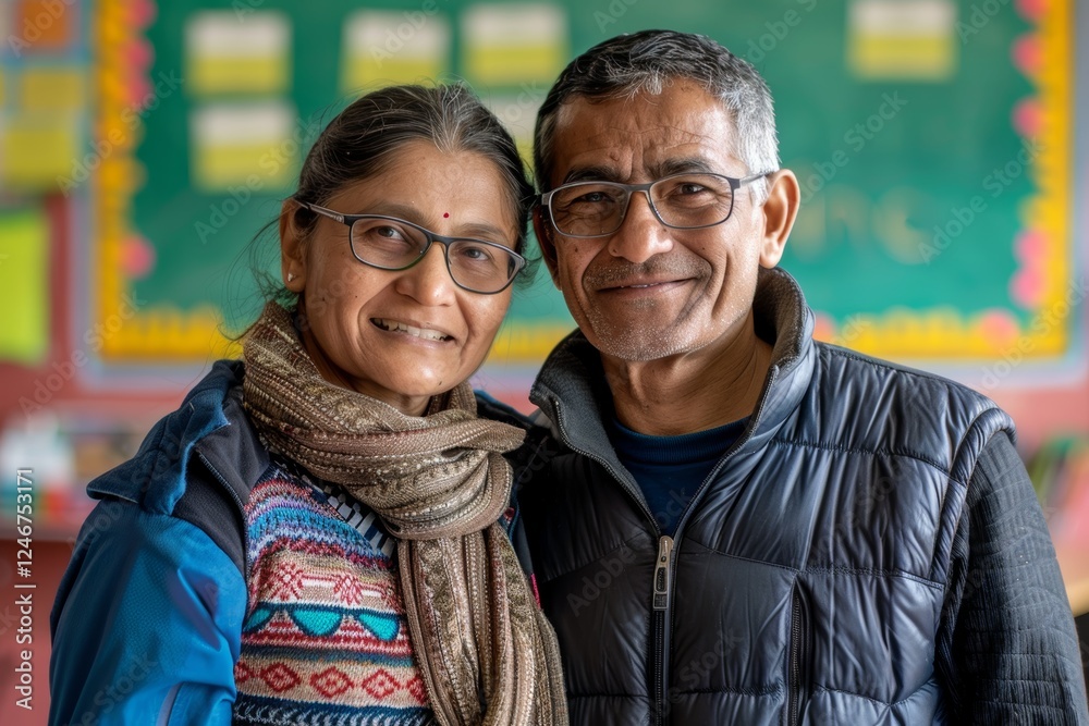 Portrait of a satisfied indian couple in their 40s donning a durable down jacket on lively classroom background Portrait of a satisfied indian couple in their 40s donning a durable down jacket on lively classroom background
