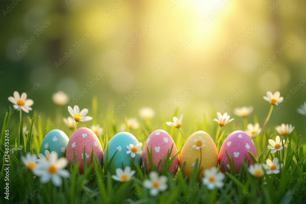 Brightly Colored Easter Eggs Arranged in a Grassy Field Surrounded by Delicate Daisies During Sunset Brightly Colored Easter Eggs Arranged in a Grassy Field Surrounded by Delicate Daisies During Sunset