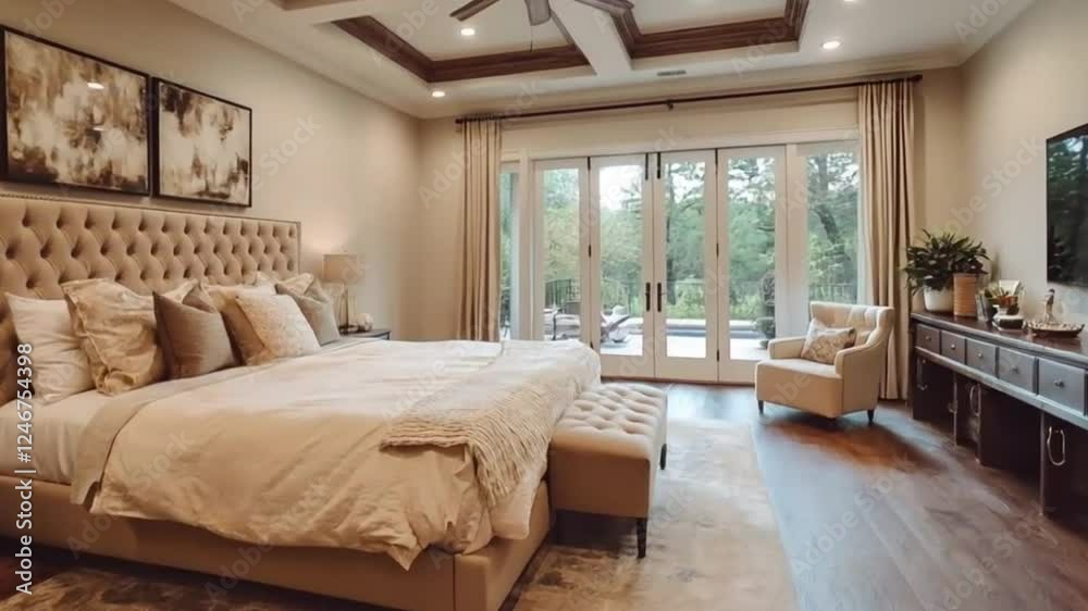Luxurious bedroom with pool view, elegant decor, and natural light, ideal for real estate listings Luxurious bedroom with pool view, elegant decor, and natural light, ideal for real estate listings