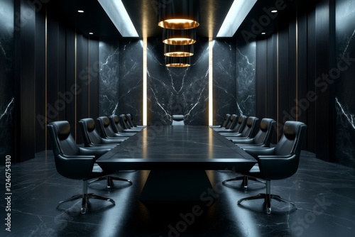 A gothic-style corporate meeting room where shadowy figures negotiate high-stakes business deals