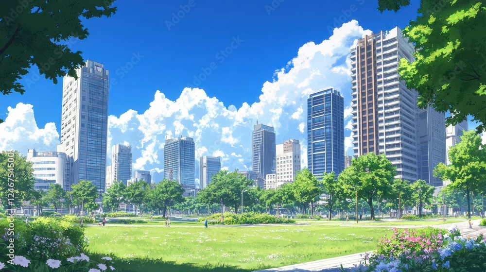 Vibrant Cityscape With Lush Green Park And Tall Modern Buildings Under Blue Sky And Clouds. With Vibrant Cityscape With Lush Green Park And Tall Modern Buildings Under Blue Sky And Clouds. With