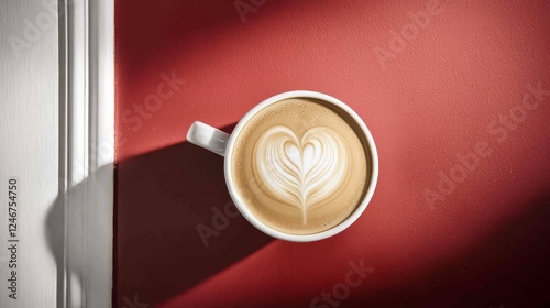 An abstract depiction of a coffee cup with a heart latte design, presented on a vivid background, second version photo