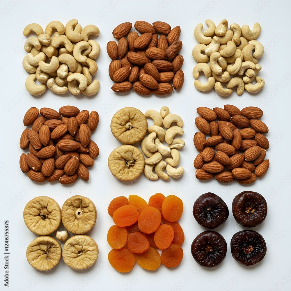 A variety of almonds, walnuts, and cashews arranged neatly on a white background, with dried apricots and figs scattered around, showcasing their textures and colors. A variety of almonds, walnuts, and cashews arranged neatly on a white background, with dried apricots and figs scattered around, showcasing their textures and colors.