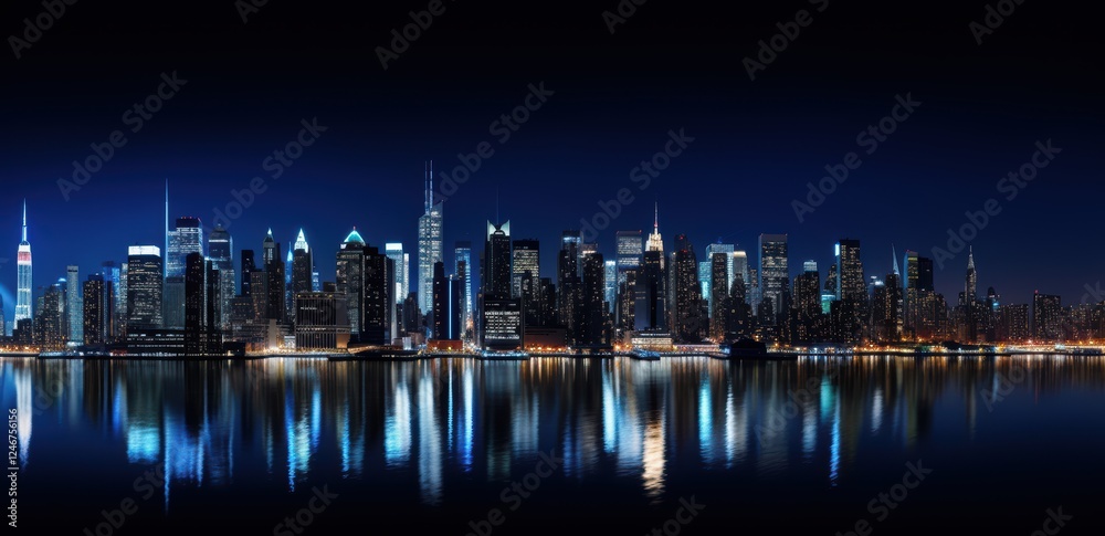 Fototapeta premium Big City skyline at night with dark blue river on the bottom
