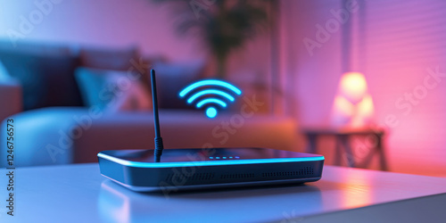 Close-up of Wifi technology Wifi router on living room table with holographic WiFi sign and with antenna in neon lighting. High speed home internet concept. photo