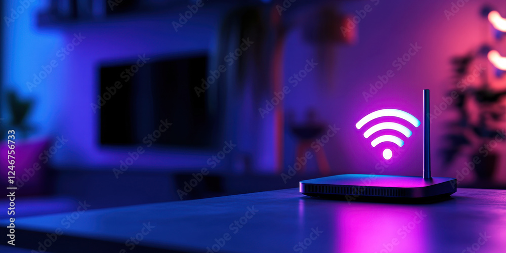 Fototapeta premium Close-up of Wifi technology Wifi router on living room table with holographic WiFi sign and with antenna in neon lighting. High speed home internet concept.