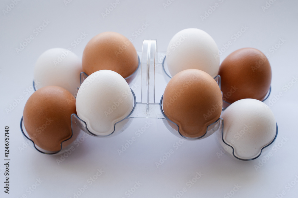 chicken eggs white and brown on egg stand on white background