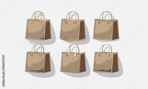 A modern vector-style illustration of separate beige jute tote bags, easily editable.