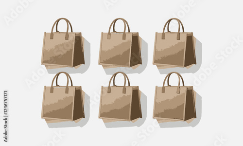 A modern vector-style illustration of separate beige jute tote bags, easily editable.