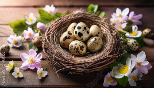 fresh quail eggs in a rustic nest surrounded by delicate flowers on a wooden surface celebrating the easter season and nature s beauty photo