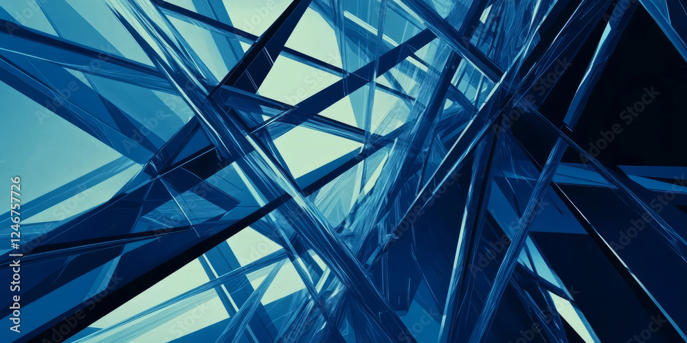 Naklejka premium A blue abstract background with sharp, angular geometric lines that overlap and intersect. The bold pattern creates a futuristic and edgy design, perfect for high-tech branding or contemporary