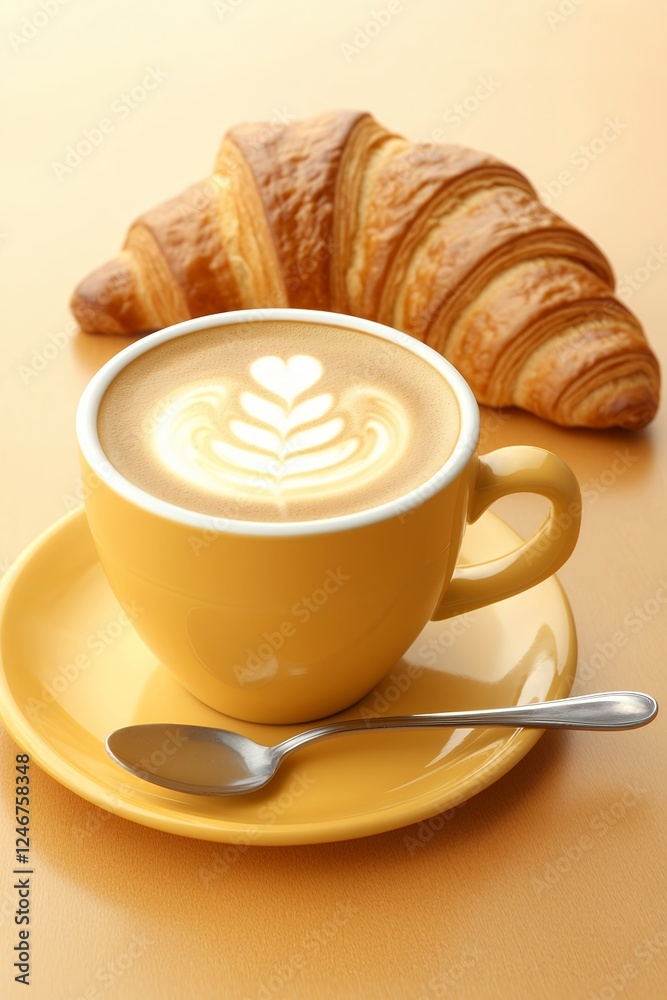Warm Latte Art Coffee with Buttery Croissant on Beige Background Warm Latte Art Coffee with Buttery Croissant on Beige Background