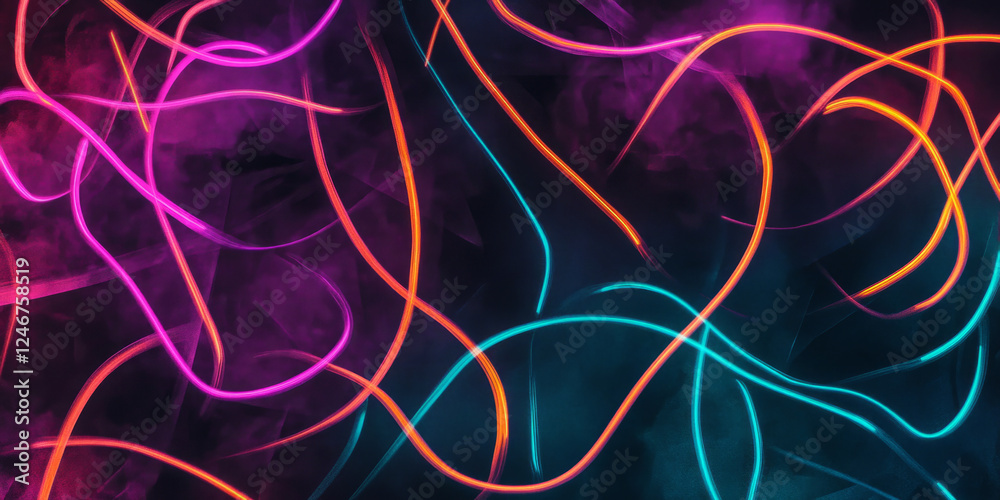 A network of glowing neon lines in lilac, teal, and burnt orange, intersecting over a dark textured background for a high-tech aesthetic.