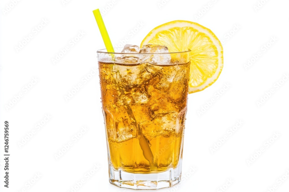 Refreshing whiskey drink with ice and lemon slice on clean white background Refreshing whiskey drink with ice and lemon slice on clean white background