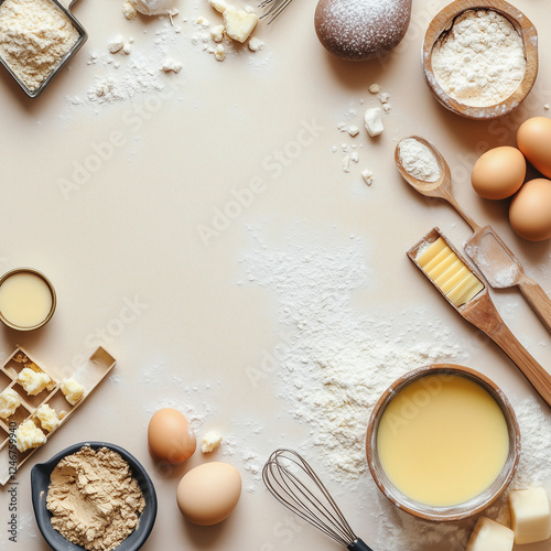 Baking Ingredients and Tools Flat Lay – Flour, Eggs, Butter, Whisk, and Mixing Bowls for Baking photo