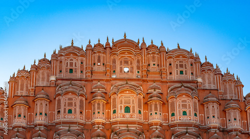 India. Rajasthan. Jaipur (The pink city). Hawa Mahal. (Palace of the Winds). Panoramic view of the facade photo
