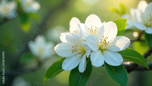 Delicate white rhododendron flowers blooming on a tree branch, floral, delicate petals