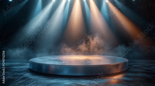 Wallpaper Mural A circular silver metallic podium, set in a dramatic dark background with soft mist/ stage gives a premium and elegant luxury brand presentation vibe, Torontodigital.ca
