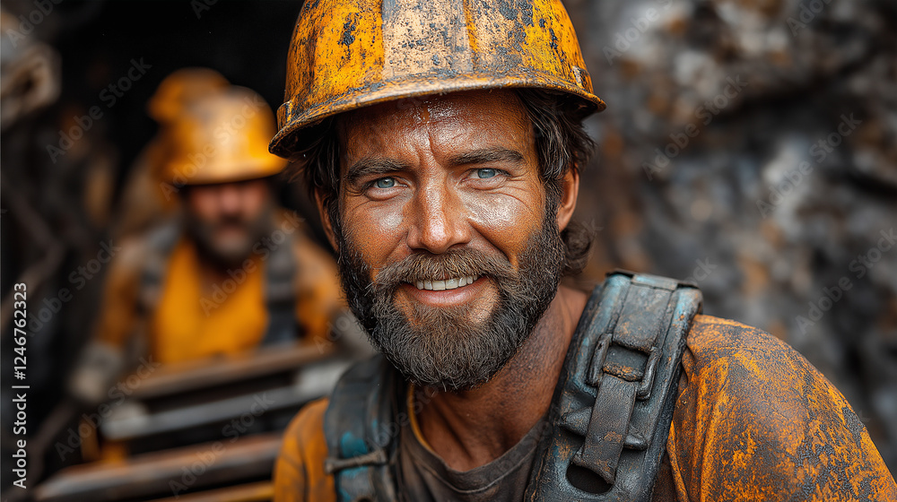 Smiling Miner in a Helmet with Dirt on His Face at Work Smiling Miner in a Helmet with Dirt on His Face at Work