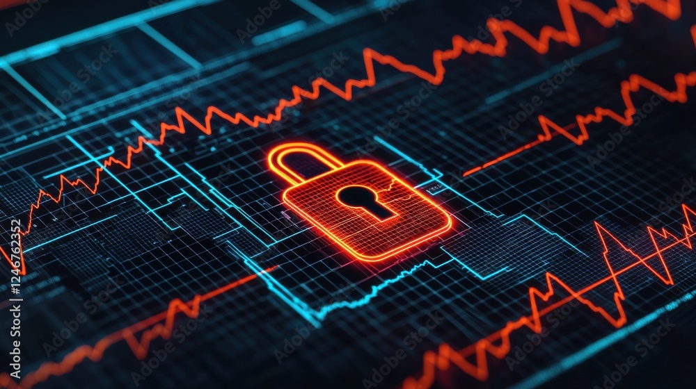 Fototapeta premium Digital Health Concepts. Digital illustration of a padlock symbolizing cybersecurity, featuring vibrant red and blue waveforms in a modern tech design.
