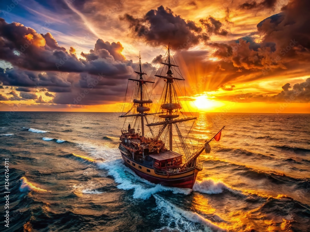 Fototapeta premium Golden Hour Pirate Ship on Open Ocean: Dramatic Sunset Seascape Stock Photo