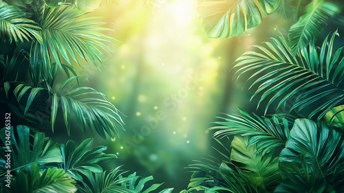 Tropical rainforest palm leaves in sunlight ray mystical jungle nature background with bright sun beam through foliage