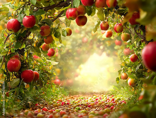 Enchanted apple orchard path with glowing sunlight through magical fruit garden pathway leads toward bright future