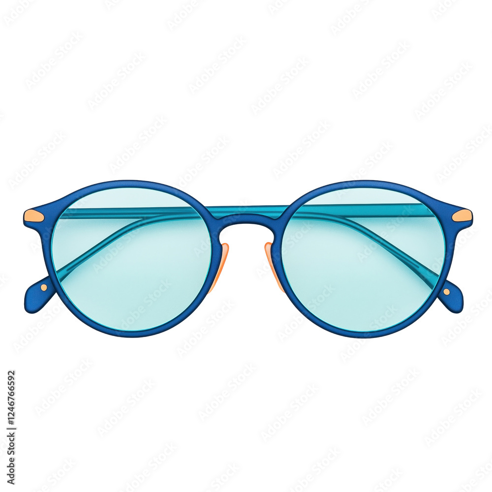 Fototapeta premium Stylish blue sunglasses with round frames and light blue lenses.