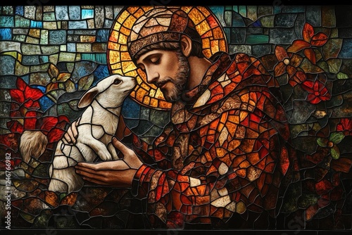 saint francis of assisi depicted in a vibrant stained glass style surrounded by nature and animals embodying tranquility and the beauty of creation