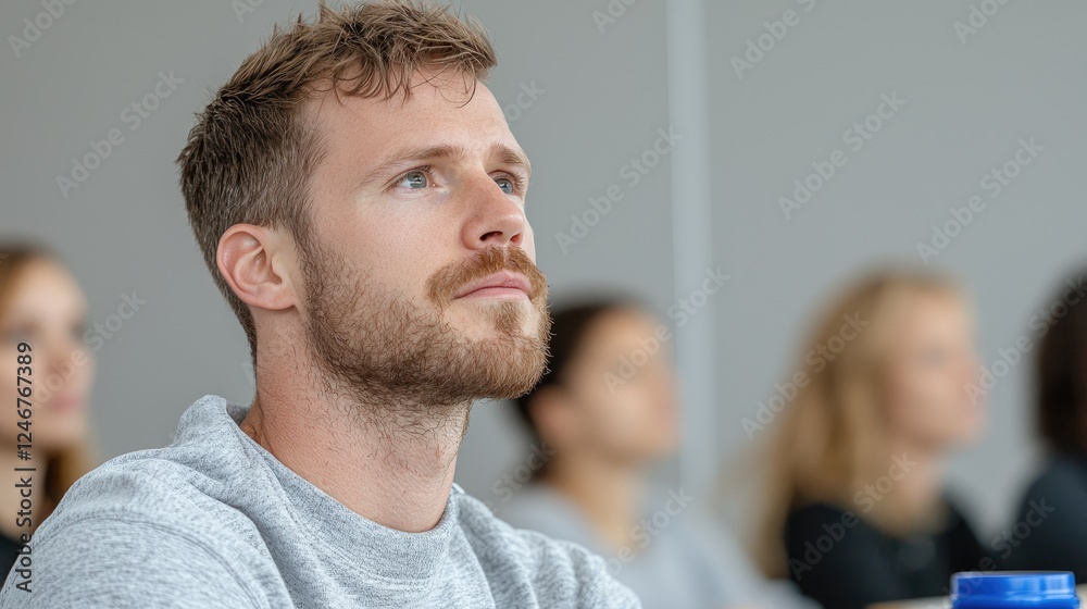 Obraz premium Attentive student in lecture hall, classroom background