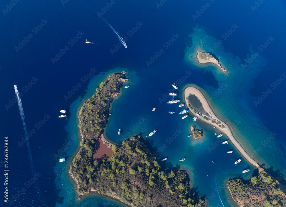 Fototapeta premium Turkish Maldives Yassica Islands Drone Photo, Gocek Fethiye, Mugla Turkiye (Turkey)