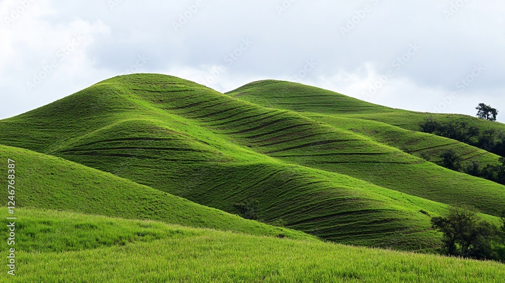 Fototapeta premium Rolling green hills under cloudy sky, pastoral landscape, agriculture