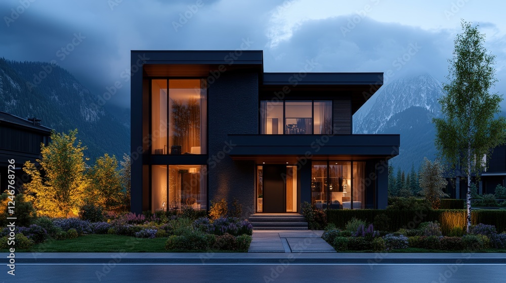 Fototapeta premium Modern house architecture with numerous large windows and contemporary design in a suburban setting