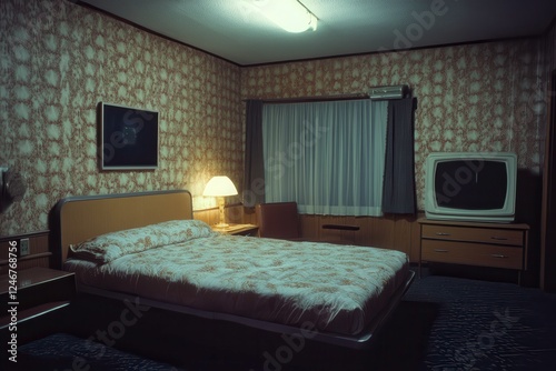 Motel Room With Made yet Unkempt Bed Captured at Nighttime Using Analog Photography. Generative AI