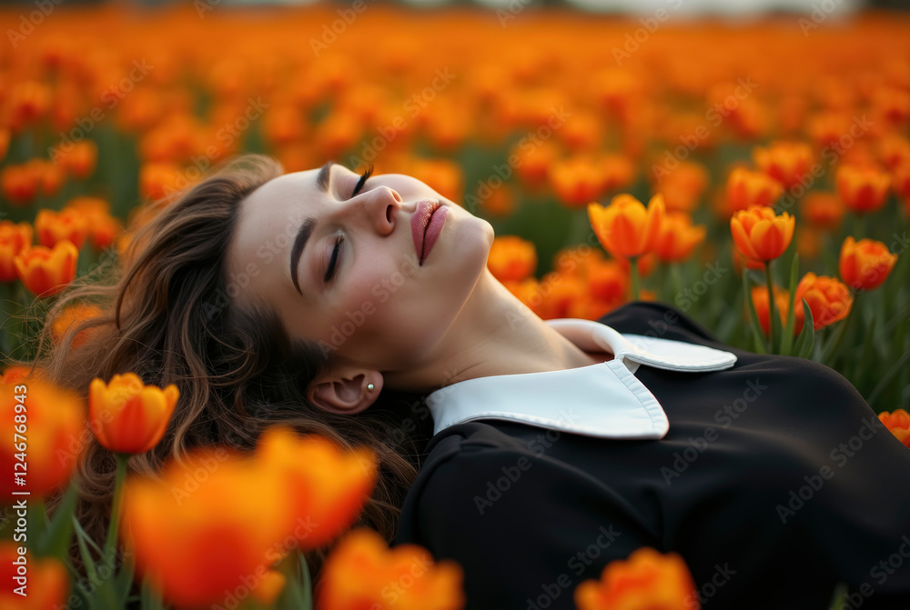 Naklejka premium Portrait of a woman lying on a tulip field.