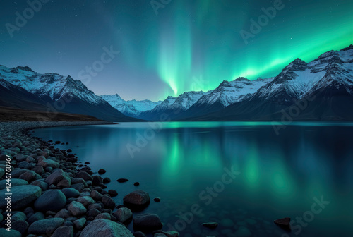 Aurora borealis over snowy mountains and lake