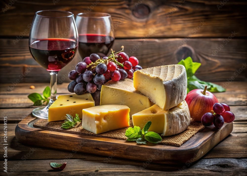 Gourmet Wine and Cheese Pairing: Red Wine, Brie, and Grapes on Rustic Wooden Board Gourmet Wine and Cheese Pairing: Red Wine, Brie, and Grapes on Rustic Wooden Board