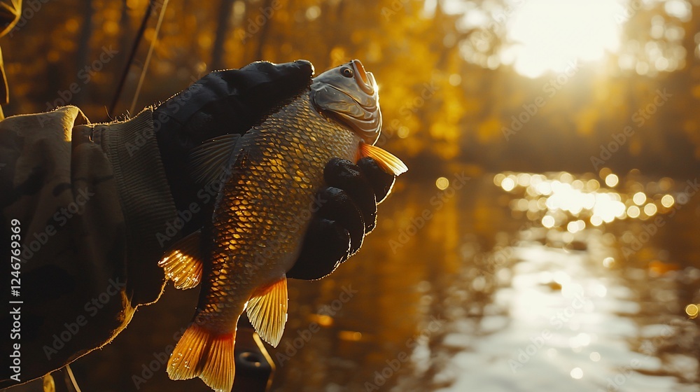 Fisherman holding a freshly caught fish at sunset by a river. Fisherman holding a freshly caught fish at sunset by a river.