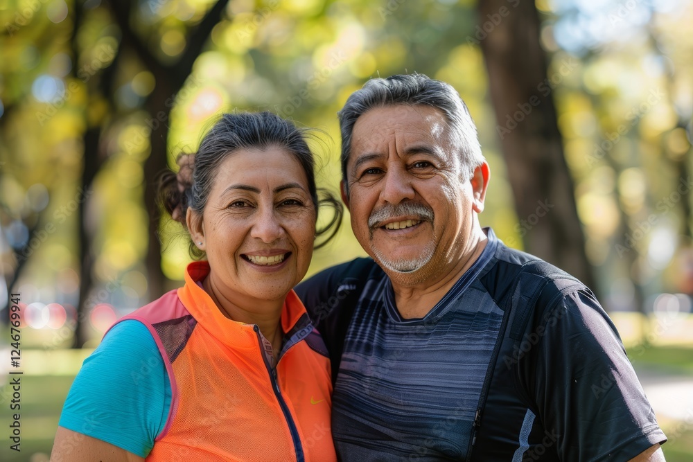 Portrait of a happy latino couple in their 40s wearing a lightweight running vest over bright and cheerful park background Portrait of a happy latino couple in their 40s wearing a lightweight running vest over bright and cheerful park background