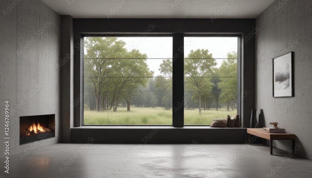 Fototapeta premium Modern minimalist living room with expansive window showcasing a tranquil natural landscape and a built-in fireplace