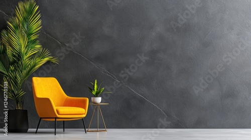 Yellow armchair in modern room, dark wall, plants. Interior design mock-up