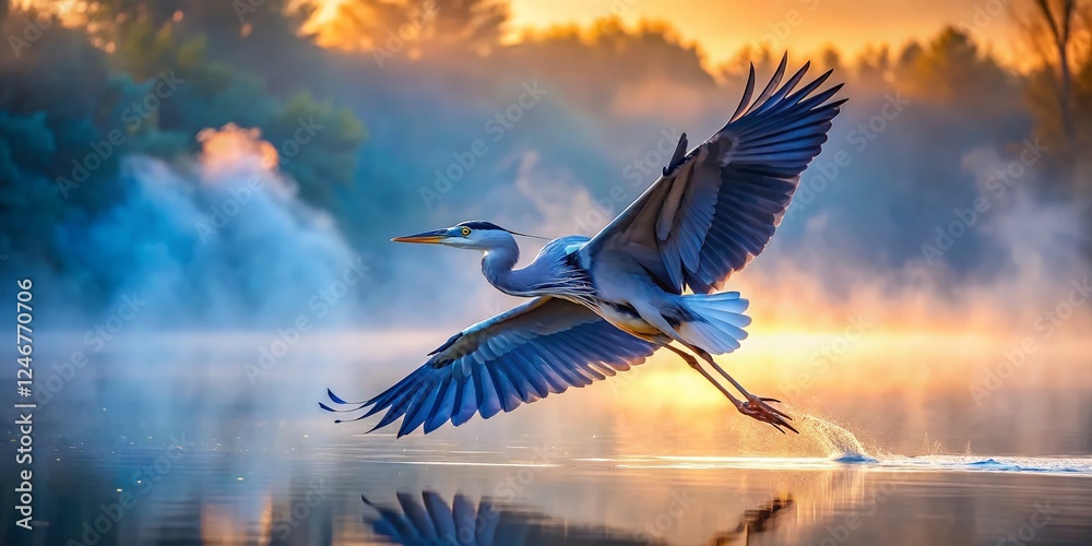 Obraz premium Great Blue Heron in Flight over Misty Lake at Dawn - Bokeh Photography