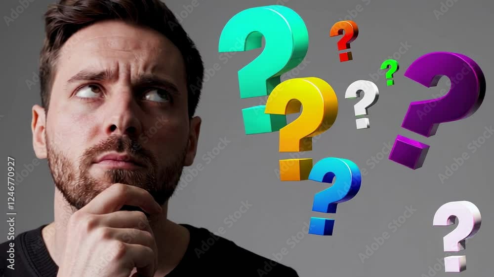 Thoughtful professional standing near colorful question marks, symbolizing intricate problem solving process, decision making challenges, and strategic contemplation of potential solutions